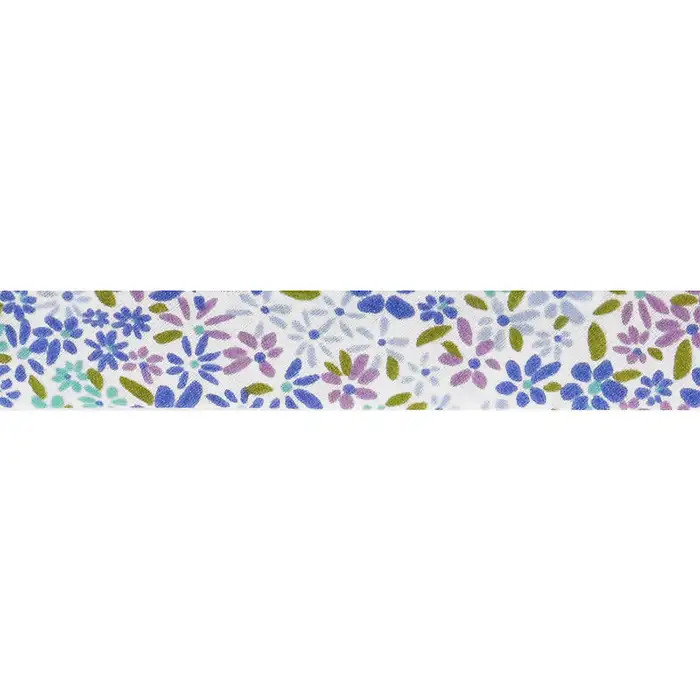 Biais replie "Fleurs" bleu, mauve et turquoise 20mm /m Biais replie "Fleurs" bleu, mauve et turquoise 20mm /m
