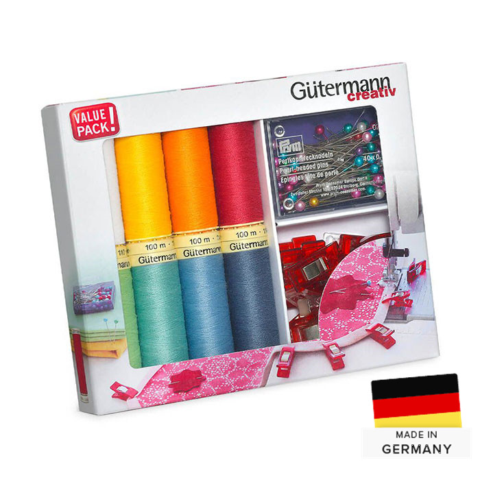 Kit 8 fils à coudre + pinces et épingles Gutermann Kit 8 fils à coudre + pinces et épingles Gutermann