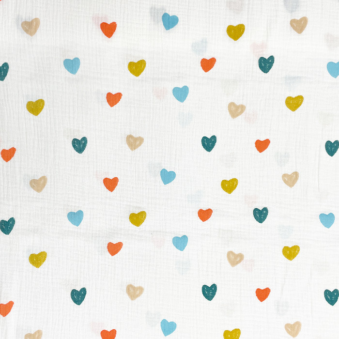 Tissu double gaze de coton "coeurs" - Par 50cm Tissu double gaze de coton "coeurs" - Par 50cm